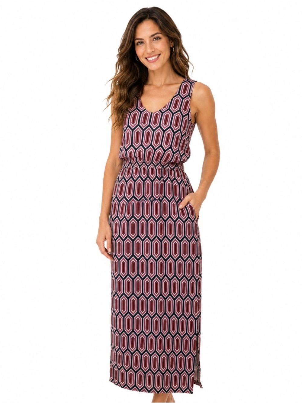Banana Republic Size 4 Chiffon Red Pink Black Back Cutoff Geometric Max…